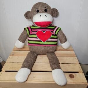 Sock Monkey Brown Plush w/ Striped Sweater and Ribbon